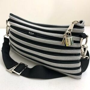 BAM BAGS Black Silver Tone Zipper Purse Black Canvas Strap Shoulder Bag Handbag